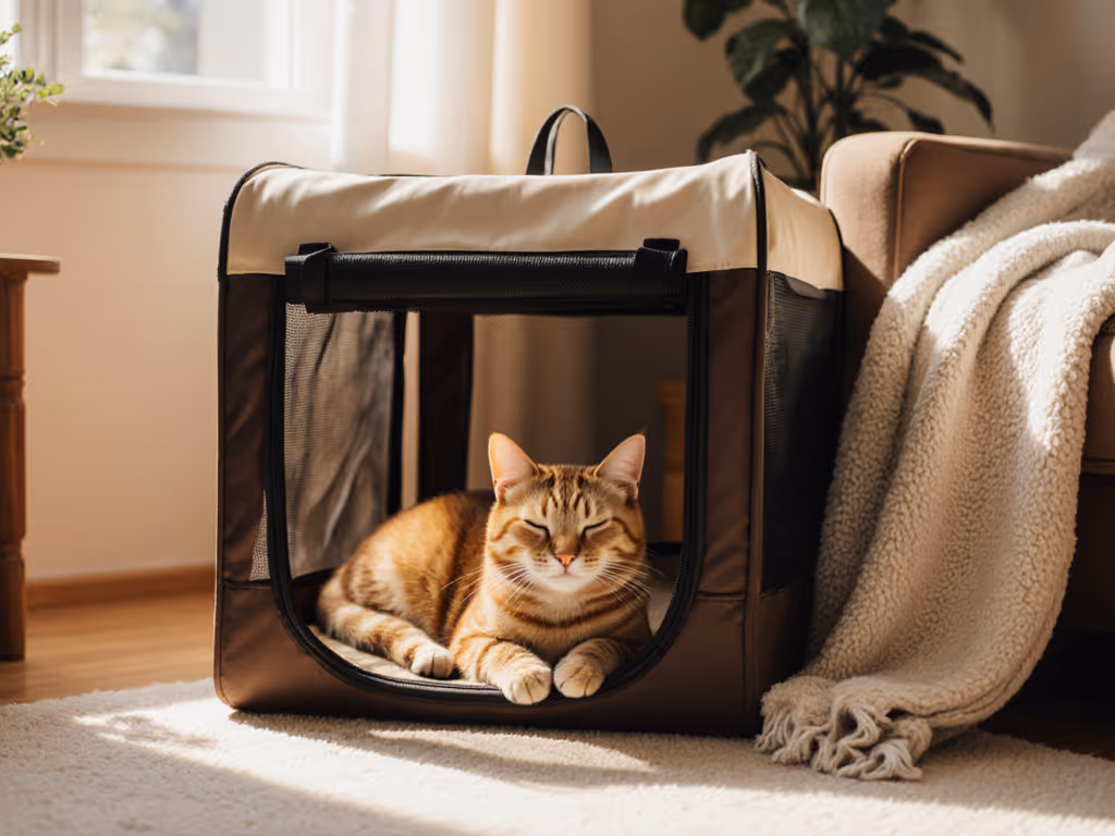 cat calmly resting in carrier at home